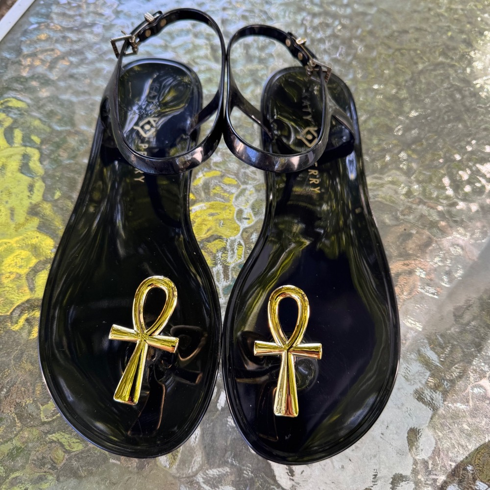 Katy Perry Geli Black Jelly Sandals Gold Ankh Egyptian Flat Thong Womens 9